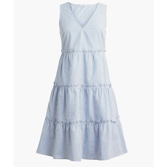 J. Crew Seersucker Ruffle Tiered Mini Dress Blue White Striped 6 Coastal Prairie - Picture 1 of 16